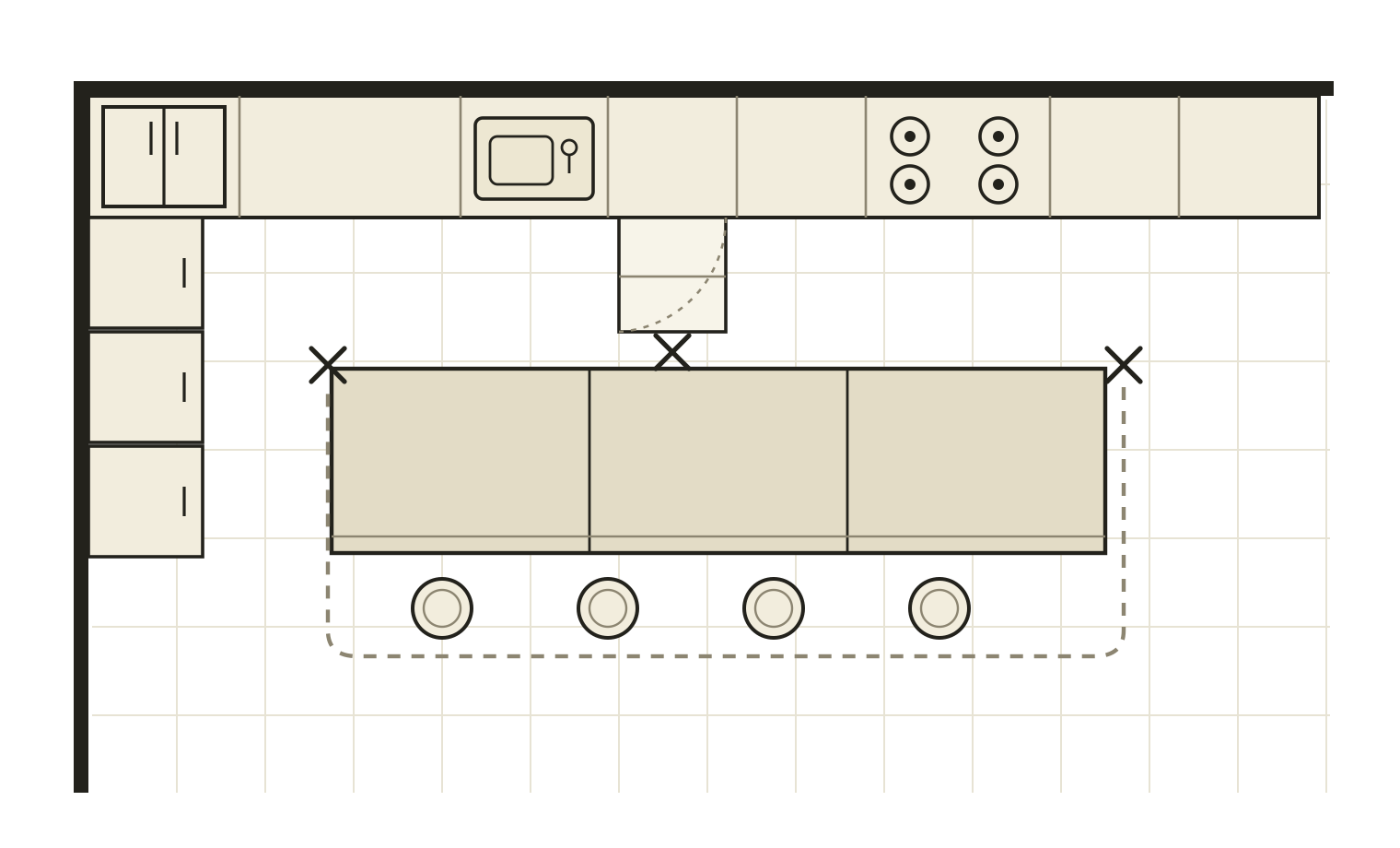 Concept kitchen plan with an oversized island, four stools, and an open appliance door obstructing circulation.